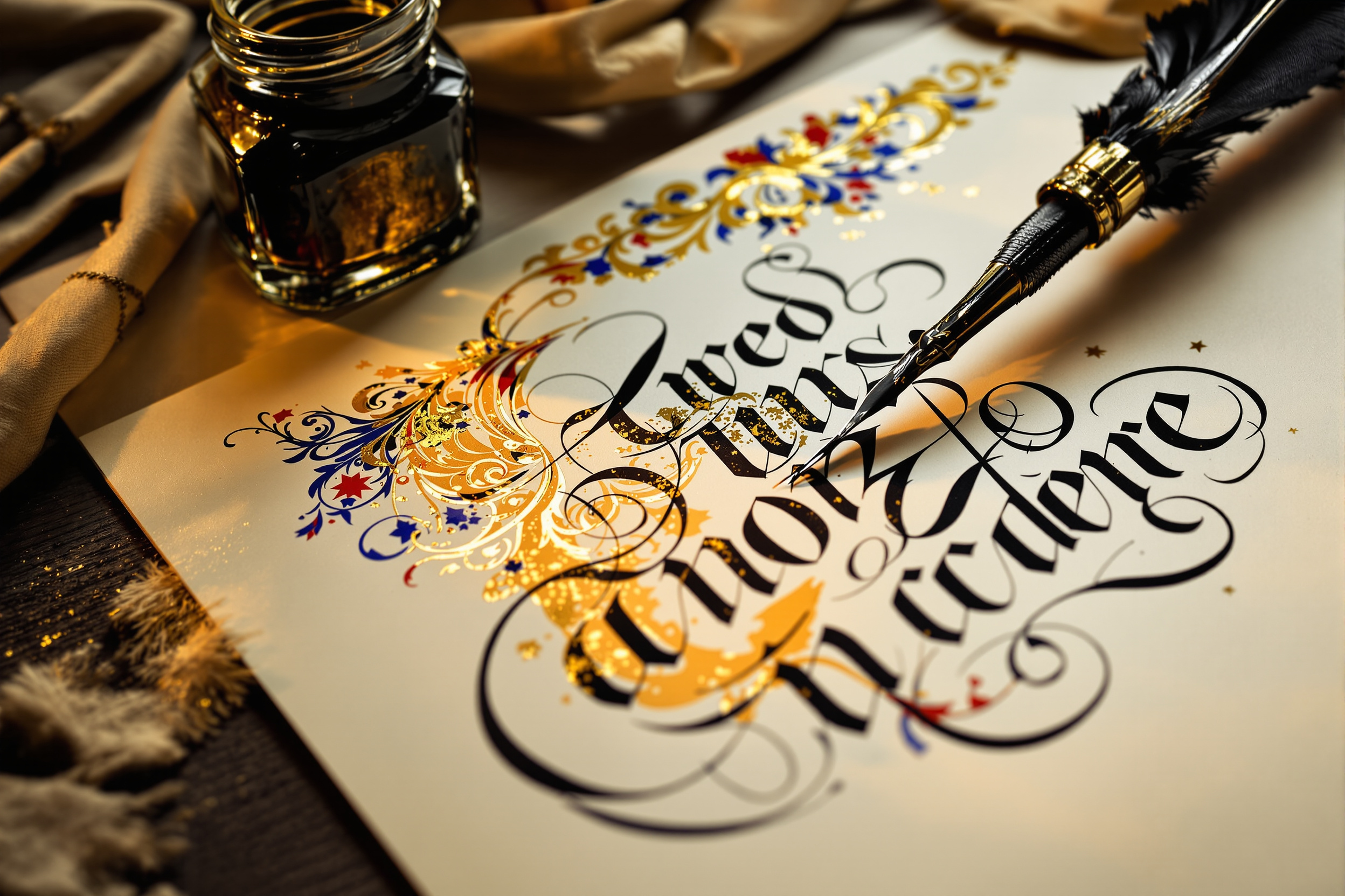 A hand lettering calligraphy beside an illuminated initial in gold and color