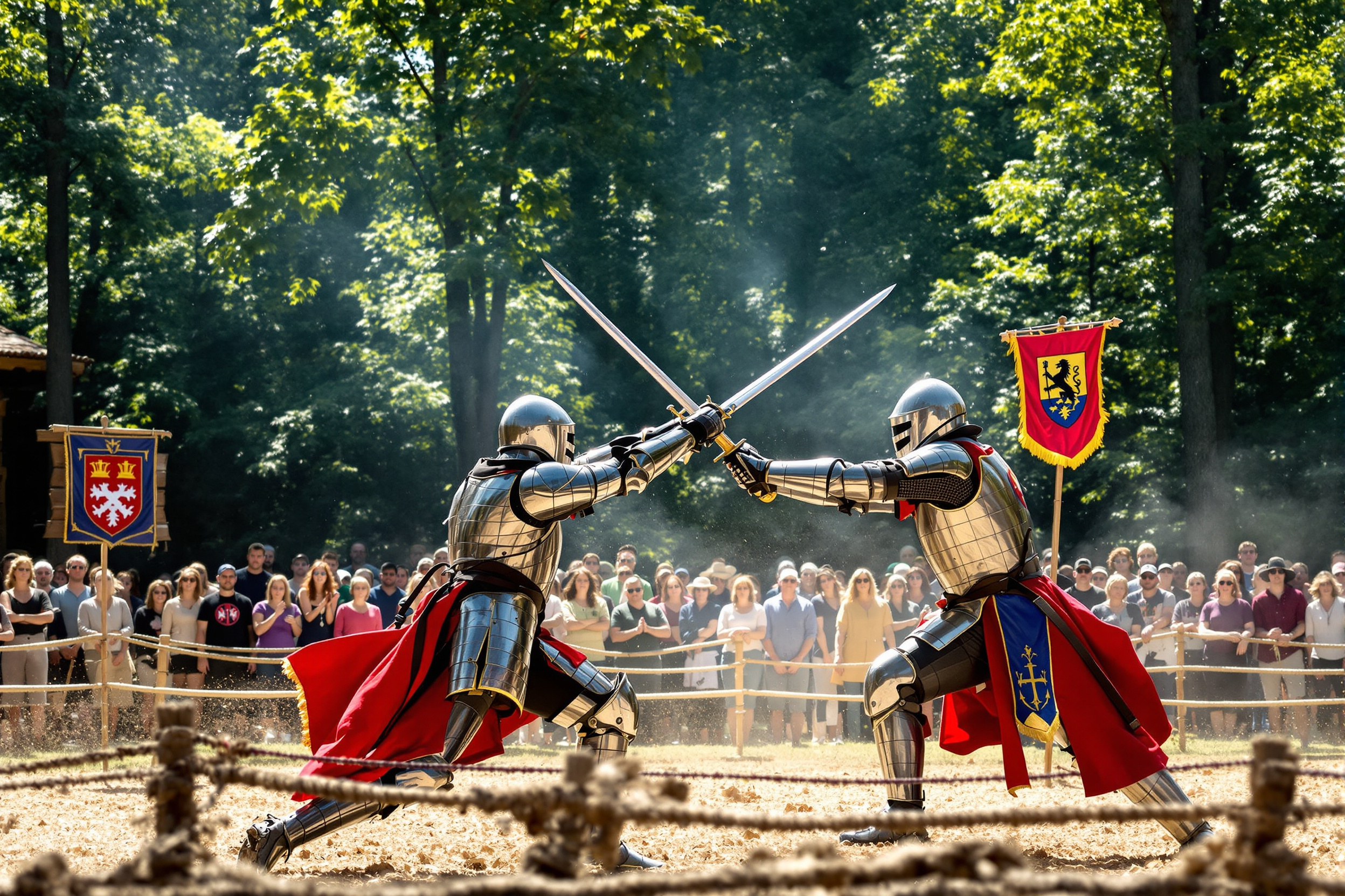 Armored fighters at a medieval tournament with spectators in period dress