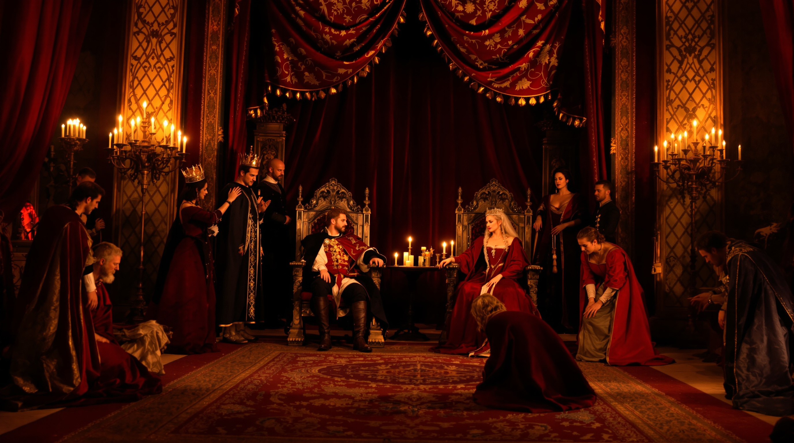 A recreated medieval court with royalty on thrones and courtiers bowing