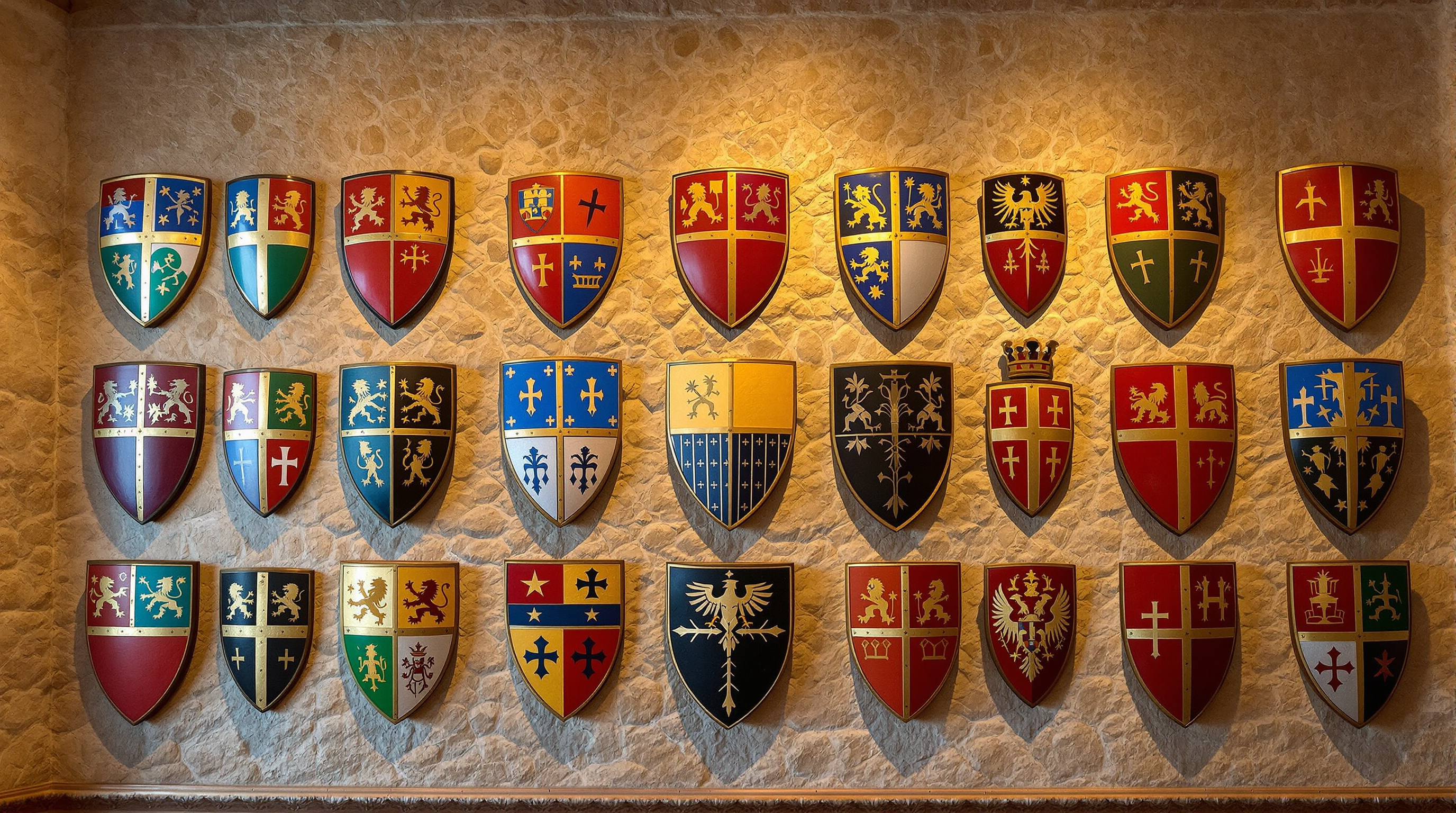 A wall of colorful medieval heraldic shields and coats of arms