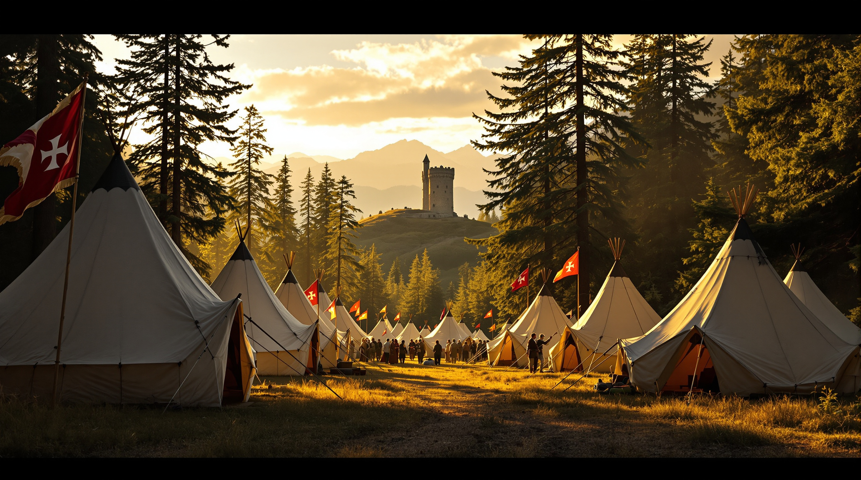 Medieval reenactment encampment with heraldic banners in a Pacific Northwest forest clearing