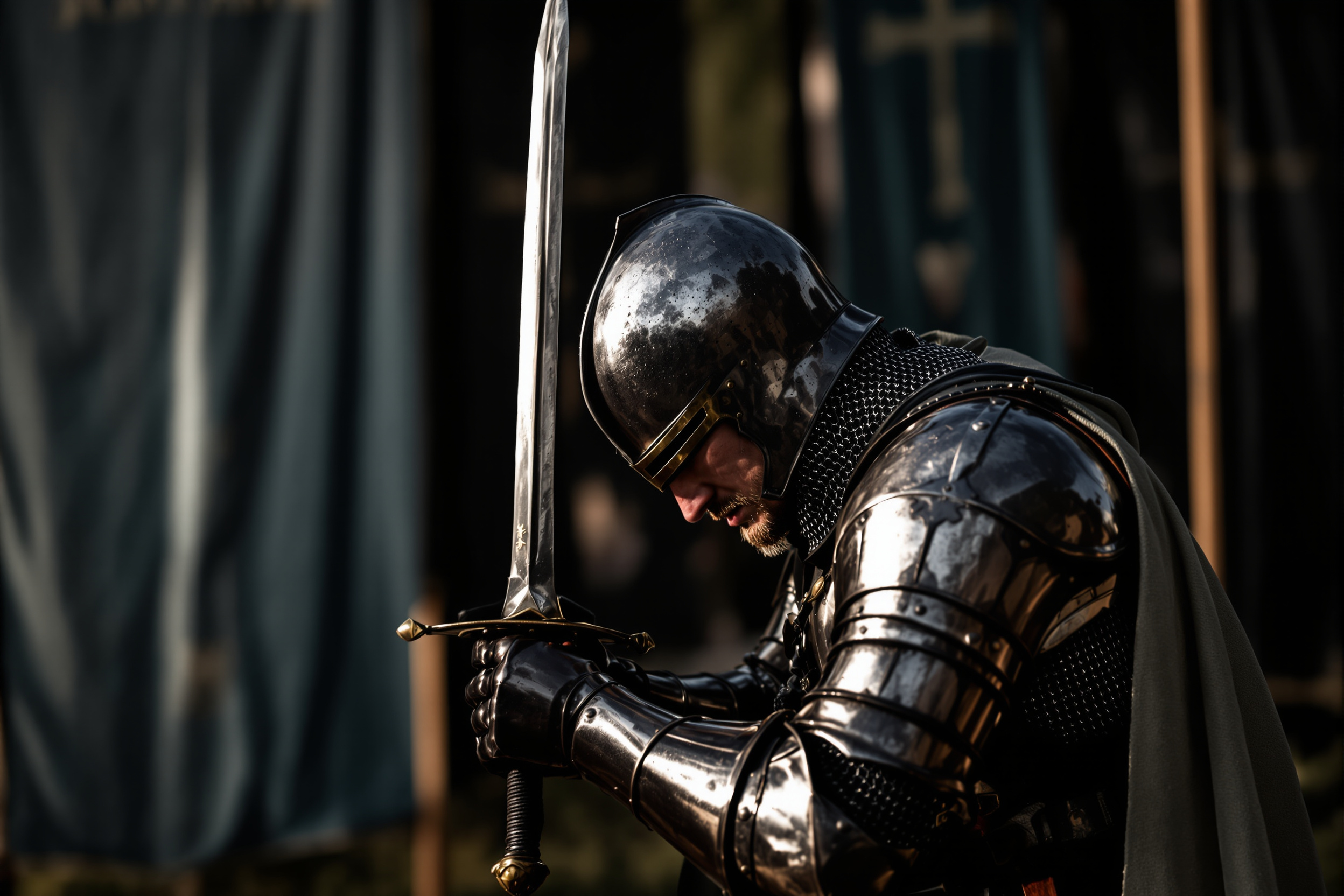 An armored knight kneeling in a solemn chivalric gesture at a reenactment