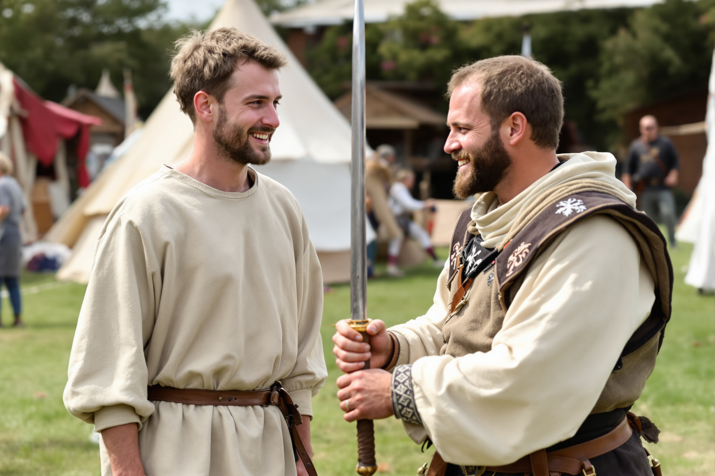 A newcomer in simple garb being welcomed at a medieval reenactment event